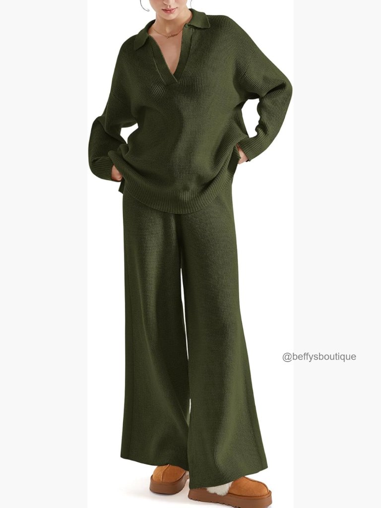 Waffle Knit Lounge Set With Pockets, Polyester Blend, Size Small